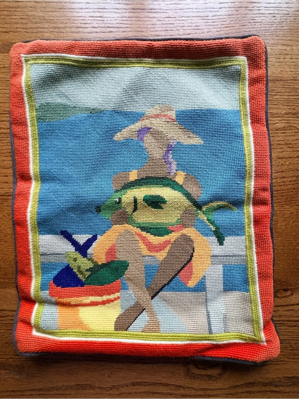 Custom Needlepoint pillow covers with cording, zippers & striped fabric backing